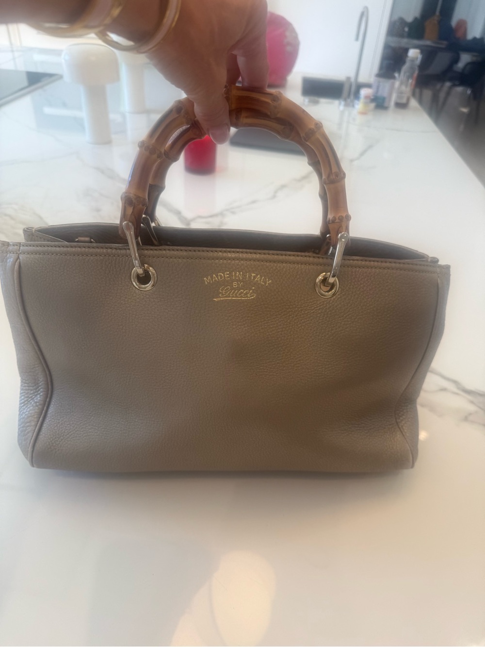 Gucci Taupe Pebbled Leather Satchel with Bamboo Handles